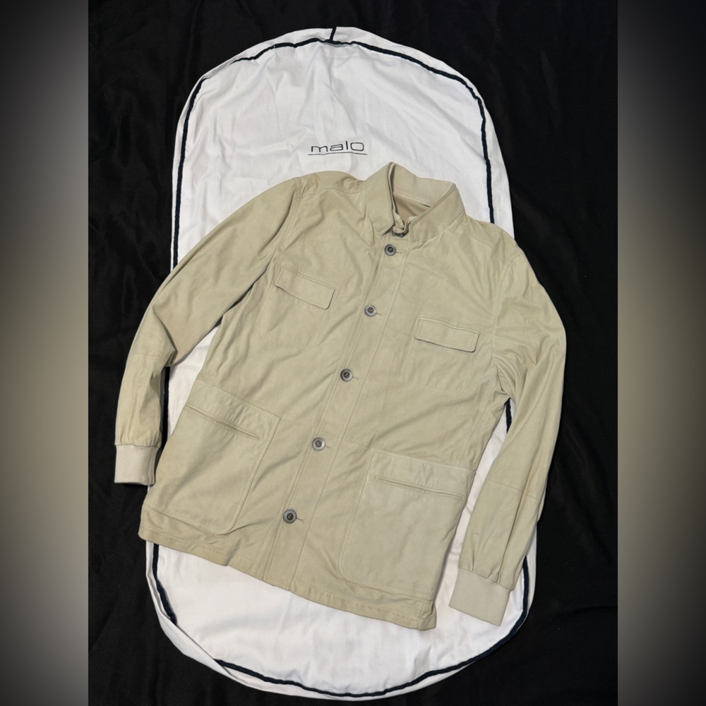 Malo Suede Military Field Jacket Mother Pearl Button Garment Bag Front Pocket 54